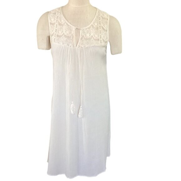 KORI America Gauze and Lace BOHO Cream Shift Dress Tassel Tie Sz L 148F - Picture 2 of 9
